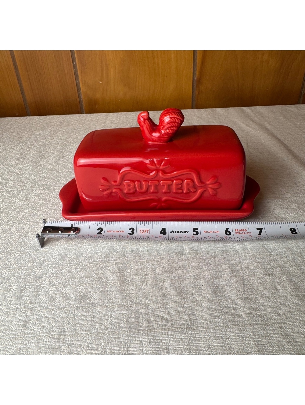 Vintage Red Ceramic Butter Dish with Rooster Knob Farmhouse Kitchen Decor - Picture 8 of 9